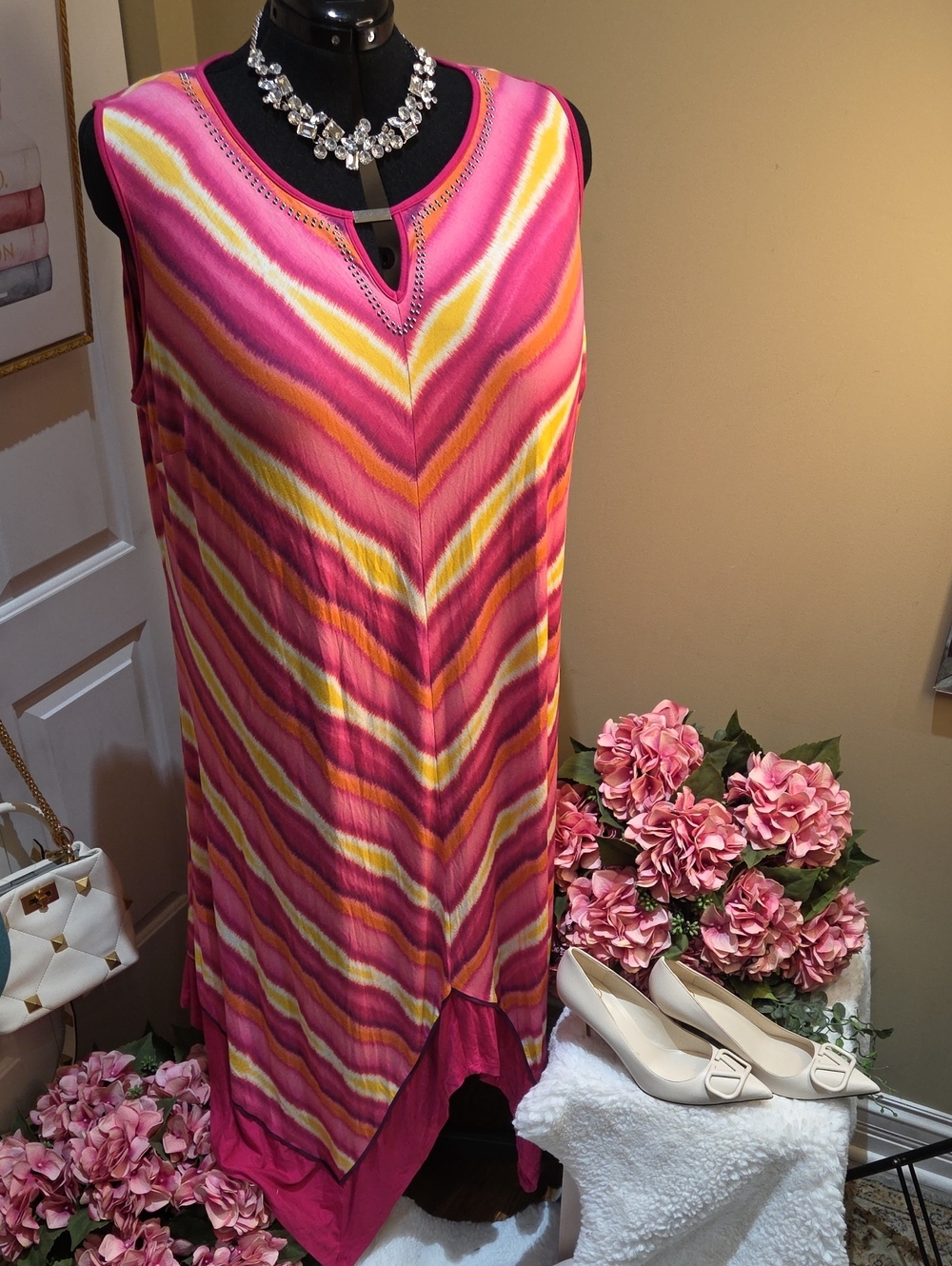 Nwt 4X Catherines Pink Chevron Sleeveless Maxi Dress with Keyhole No Pockets - Picture 7 of 16